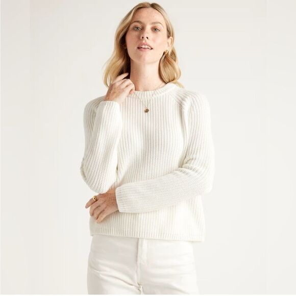 QUINCE Fisherman Crew Sweater in 100% Organic Cotton, Ivory White Small - Picture 1 of 7